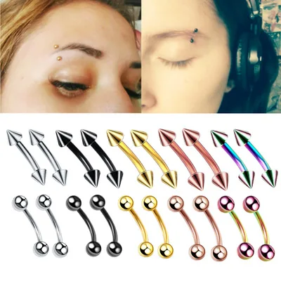 

MODRSA 2pcs/lot Double Spike Ball Eyebrow Ring Anodized Curved Barbell Eyebrow Ring Stainless Steel Helix Piercing Body Jewelry