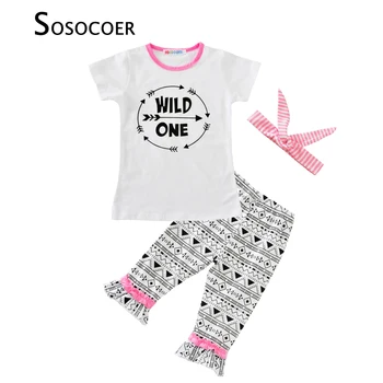 

SOSOCOER Girl Clothing Set 2017 Summer Wild One T-shirts+Geometry Pants+Headband 3pcs Letter Arrow Kids Baby Girls Clothes Sets