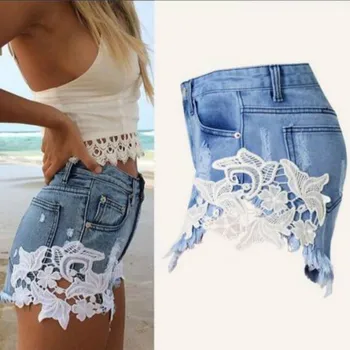 

Summer Style Shorts Women Jeans Lace Floral Button Ripped Denim Shorts Mini Plus Size S-XXL Short Feminino