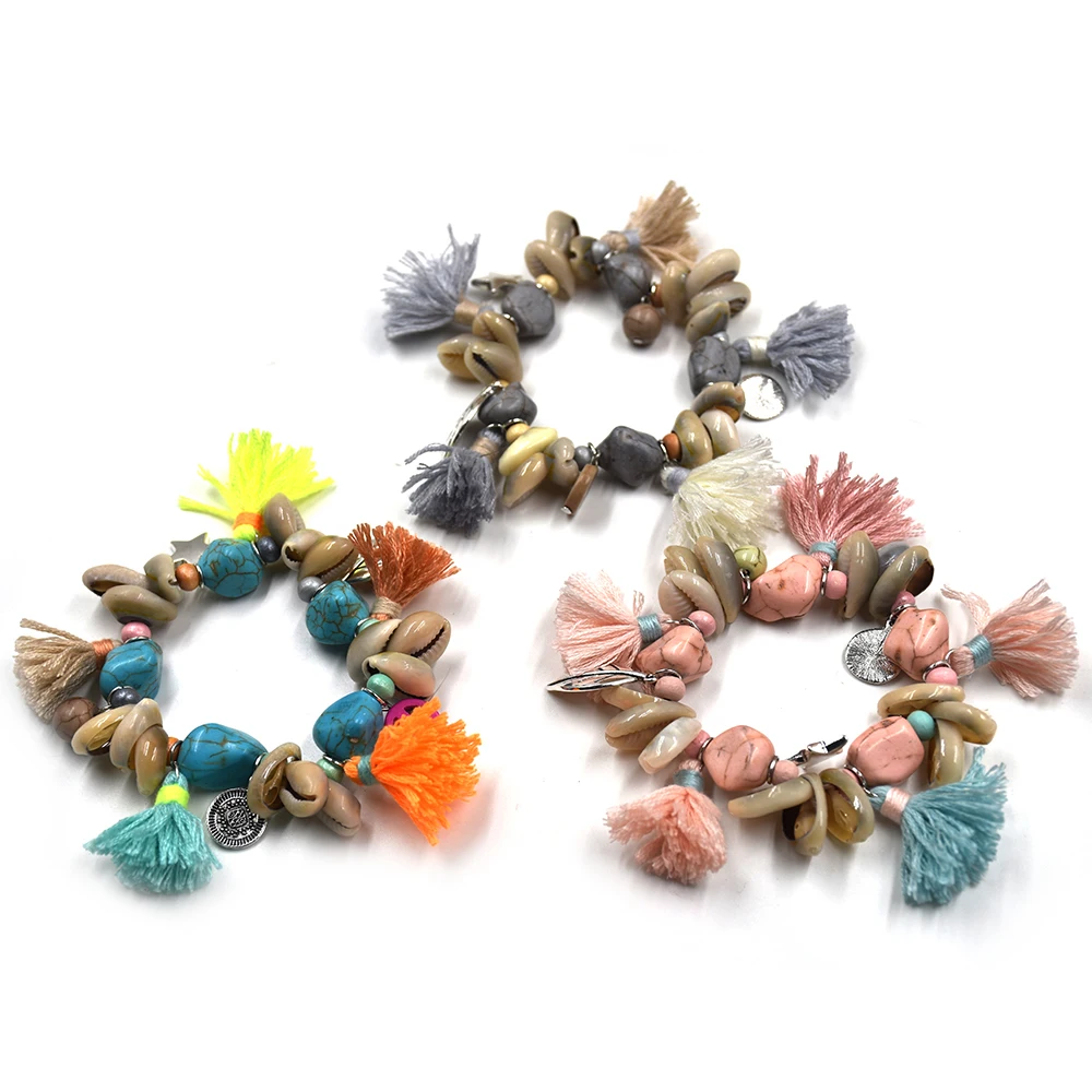New Bohemia summer sea beach shells bracelets colorful cotton tassels charm bracelet Boho stone beads bangle Bracelets