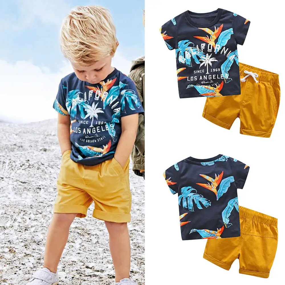 Toddler Baby Kids Boys Leaf Letter Tops Solid Short Pants Outfits Clothes Set 