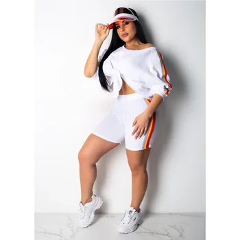 

Three Color Rainbow Ribbon Half Sleeve O Neck Solid Top With Shorts Women Two Piece Suits