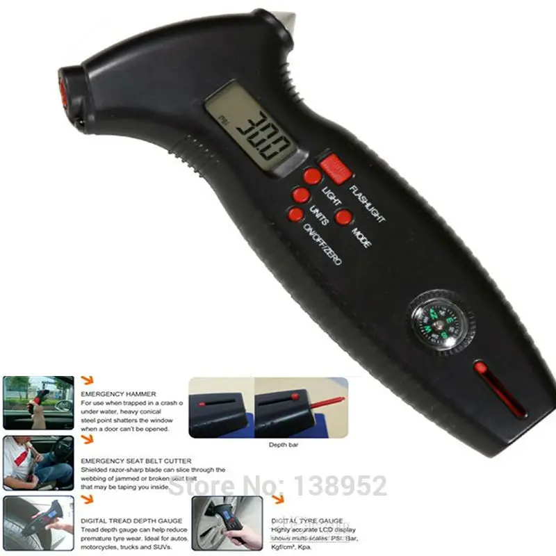 

8 in 1 automotive Digital Tyre Gauges Tire Pressure Gauge tire depth gauge first aid rescue T&E tools