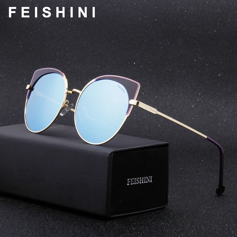 

FEISHINI Copper Frame Small Cat eye Sunglasses Women Polarized 2019 Fashion Anti-Reflective Driving Glasses Clear Line Of Sight