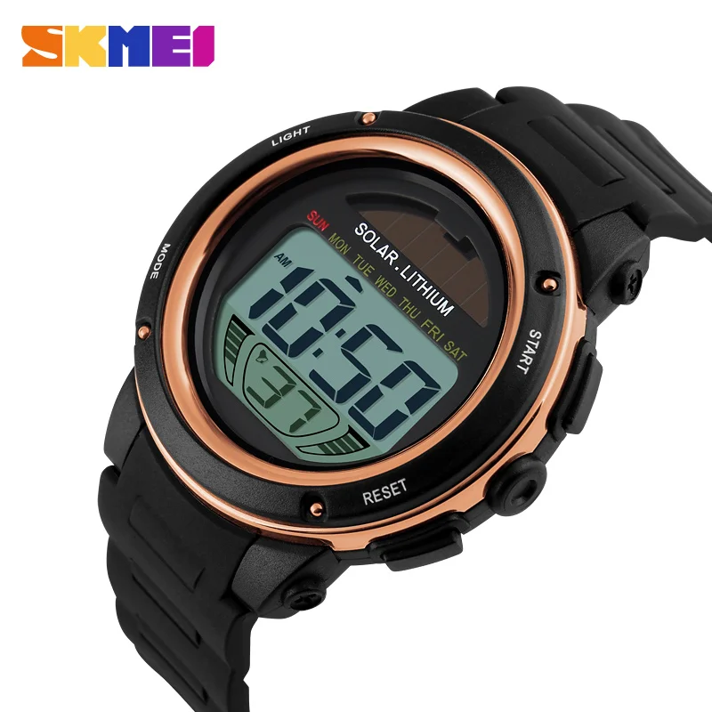 Новые SKMEI часы на солнечной энергии мужские спортивные часы цифровые Masculino водонепроницаемые наручные часы Relojes Homme De La marca Erkek Kol Saati - Цвет: Goledn