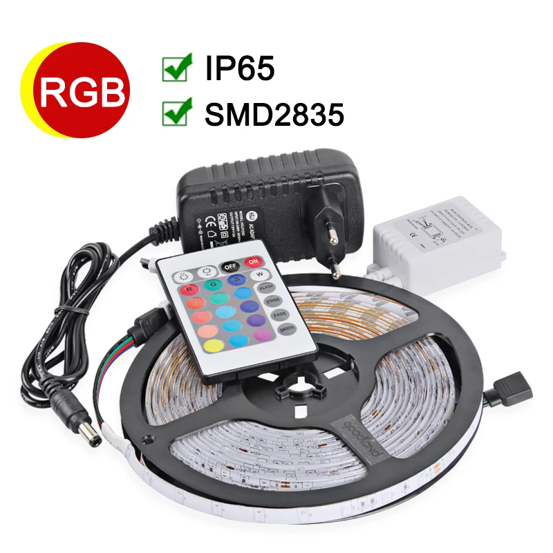 

Waterproof IP65 RGB LED Strip 2835 SMD DC12V LED Light 5M 300leds With 24Key IR Remote 2A Power Supply Christmas Lamps