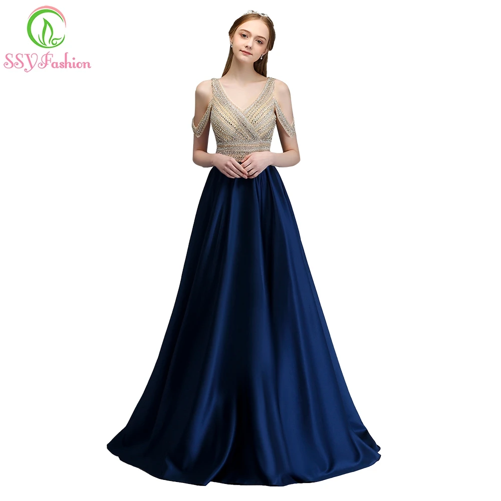 SSYFashion 2018 New High end Evening Dress Elegant Banquet Luxury Satin