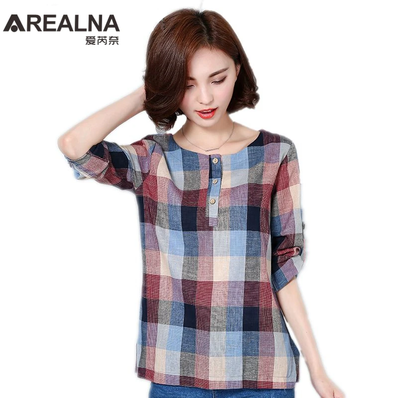 

2018 Fashion Women's Blouses Shirts Casual Clothes Long Sleeve Cotton and Linen Women Tops Plaid Blouse Plus Size Elegant Shirt