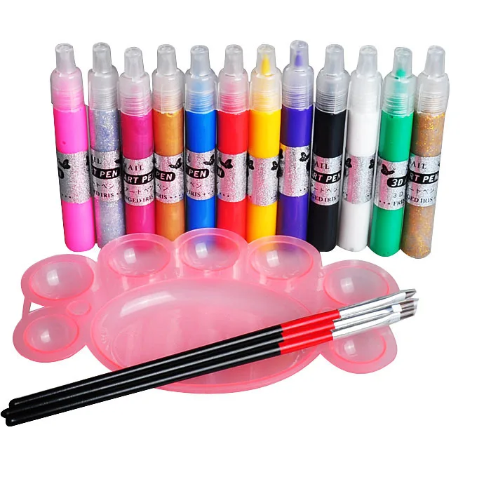 12 Цвет 3D Рисунок Краски ing ручка акрил Дизайн ногтей советы и поддон 3 шт. Кисточки Наборы