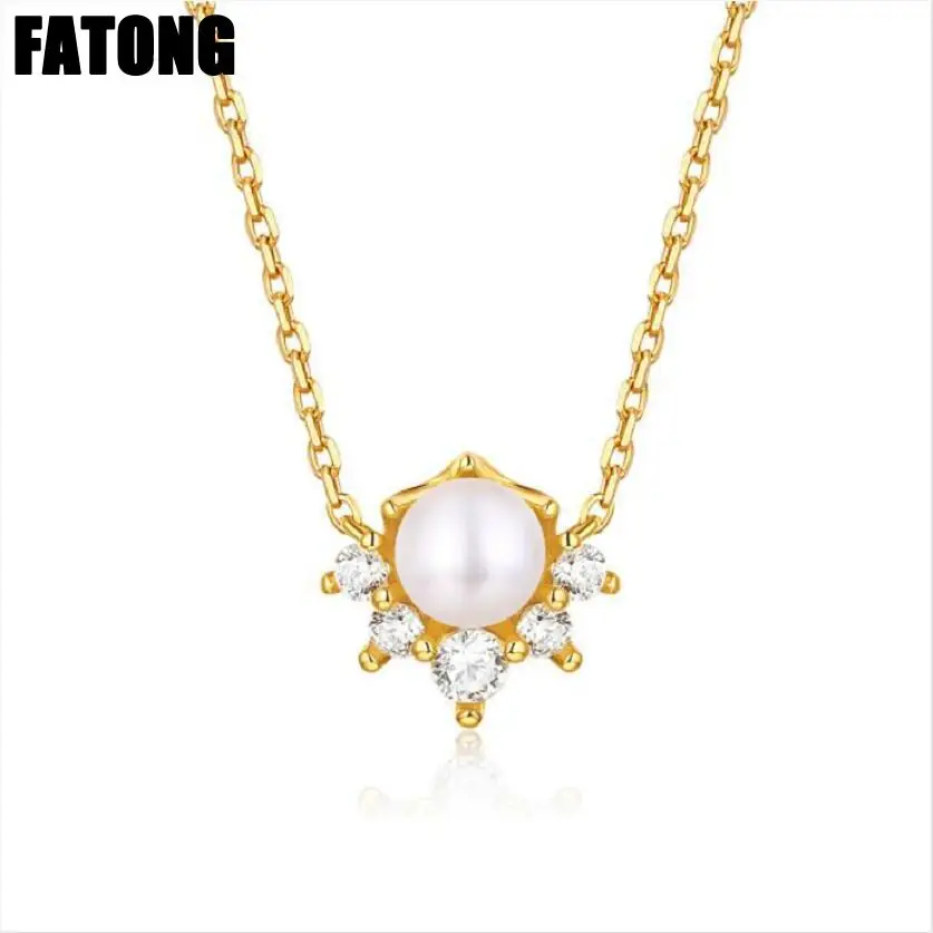 

925 sterling silver Japanese and Korean trend natural freshwater pearl white zirconium geometric necklace female. J0325