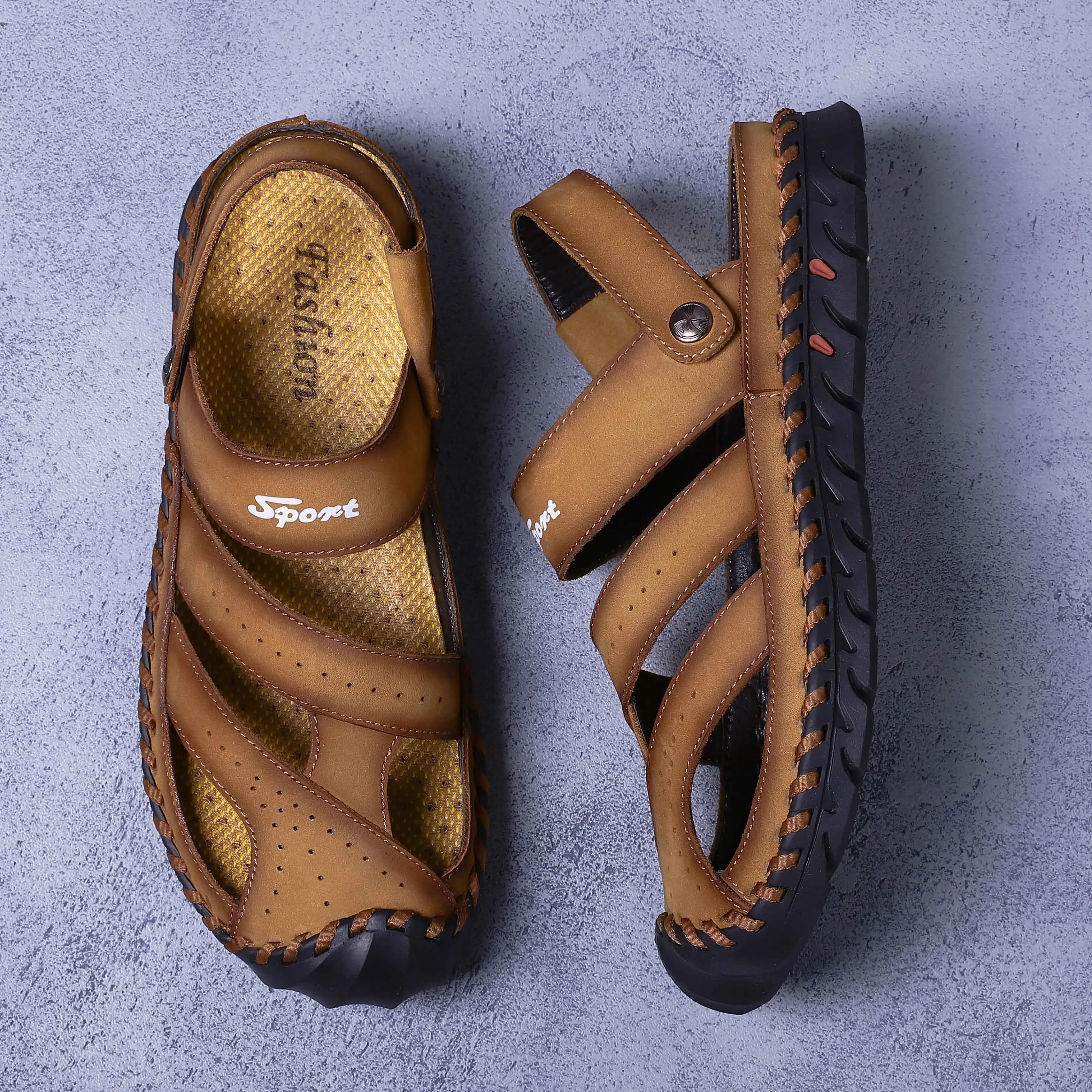Мужские сандалии летние пояса из натуральной кожи открытый мужской сандалии, тапочки гладиаторы пляжные zapatillas hombre обувь большого разме - Цвет: R-brown