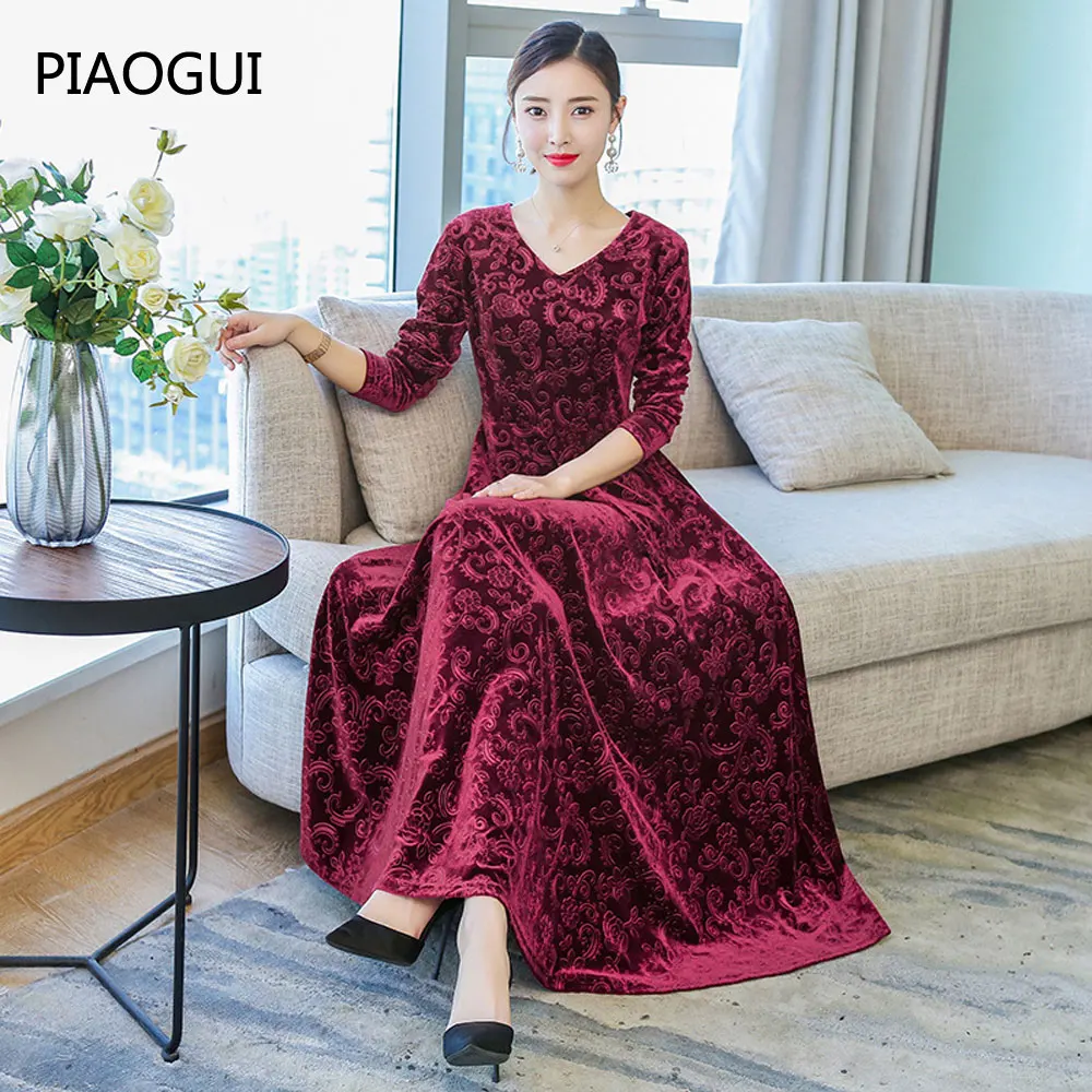 High Quality Velet Long Dresses For Women Elegant V-Neck Evening Party Dress 2019 Plus Size 4XL Sleeve Spring Female |