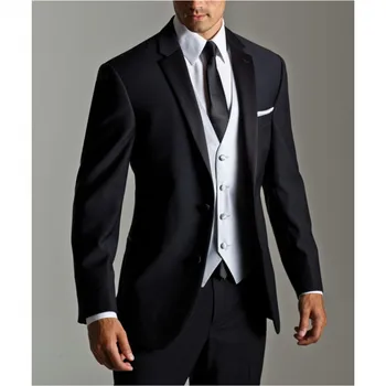 

High Quality Black Men Suit Western Style 3Piece Set With Sliver Vest Groomsmen Tuxedos For Men Wedding Suit