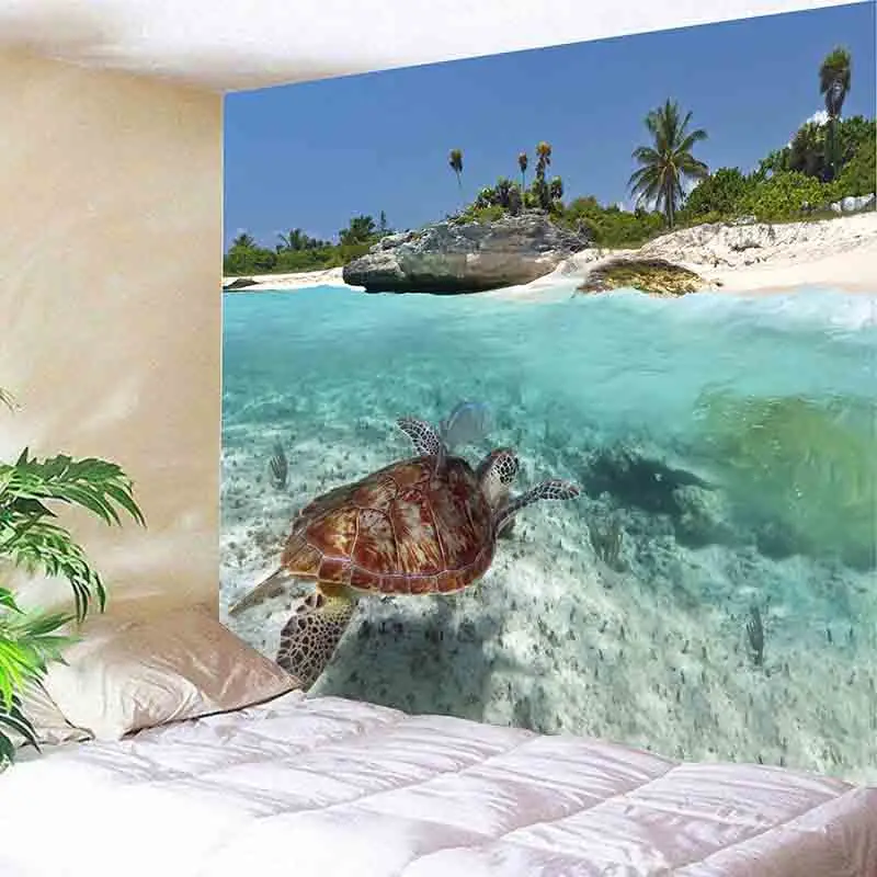 Прозрачная морская черепаха, как бы морская полиэфирная Солнцезащитная полиэфирная гобелен, настенный богемный спальный коврик, гобелен - Цвет: Синий