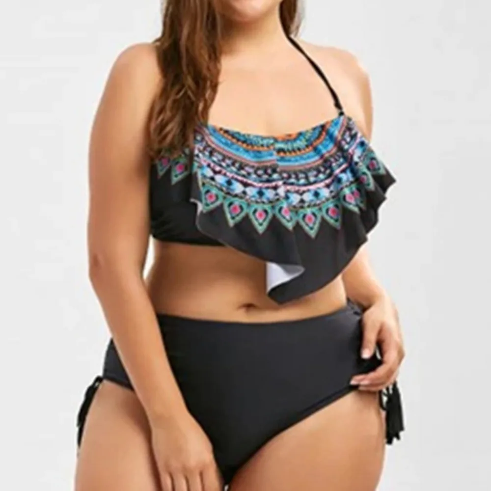

Sexy Swimwear women Bathing Suit Large Size Beach Swimsuit Split Conservative Swimsuit T-shirt Print High Waist Halter Bikini