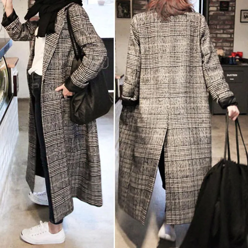 Women plaid long coat long sleeve woollen overcoat loose