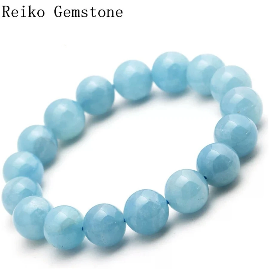 Natural Blue Aquamarine Gemstone 14mm Faceted Oval Beads Stretch Bracelet 7.5 Unisex