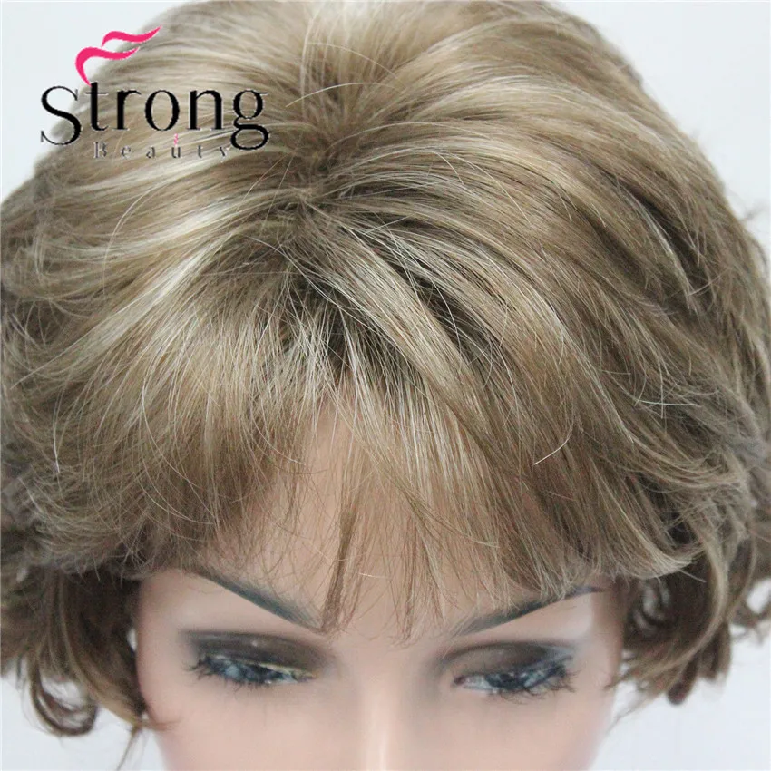 E-7125 #12TT26 New Wavy Curly Wig Light Brown Mix Blonde Short Synthetic Hair Full Women`s Wigs (4)