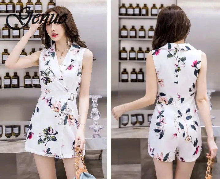 Genuo New Women Vintage Flora Printed Turn Down Collar Playsuits Buckle Sashes Waist Short Jumpsuit Genuo New Women Vintage Flora Printed Turn Down Collar Playsuits Buckle Sashes Waist Short Jumpsuit