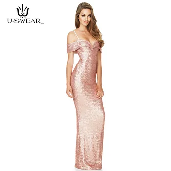

U-SWEAR New Sequin Women elegant dress summer long sexy formal dresses 2018 slim wedding evening party dress robe femme ete