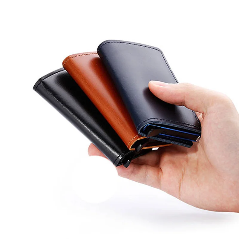 Натуральная кожа держатель кредитной карты RFID Блокировка Мужской Металлический футляр для удостоверения личности Алюминиевый держатель для банковской карты маленький кошелек