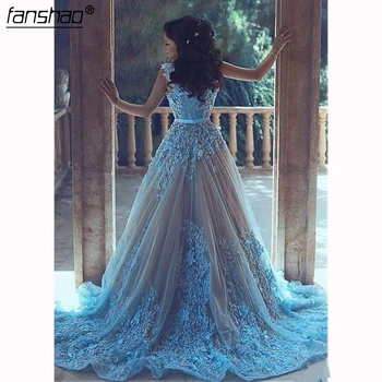 

Blue Muslim Evening Dresses Grace A-line Long Sleeves Tulle Flowers Formal Islamic Dubai Saudi Arabic Long Evening Gown Prom
