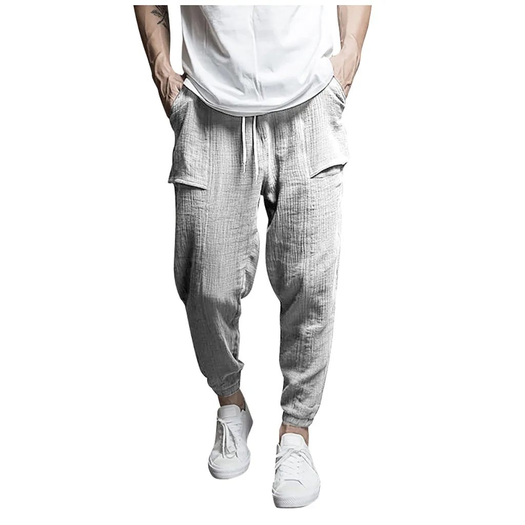 

Mens linen pants Casual Trouser loose summer autumn solid pockets jogger pants fashion 2019 d90705