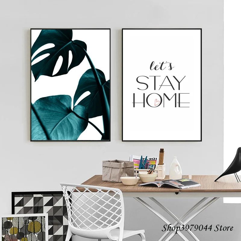 

Posters Nordic Decoration Home Green Leaf Canvas Prints Art Two Pieces Black Letter Wall Art Canvas Painting Pictures Unframed