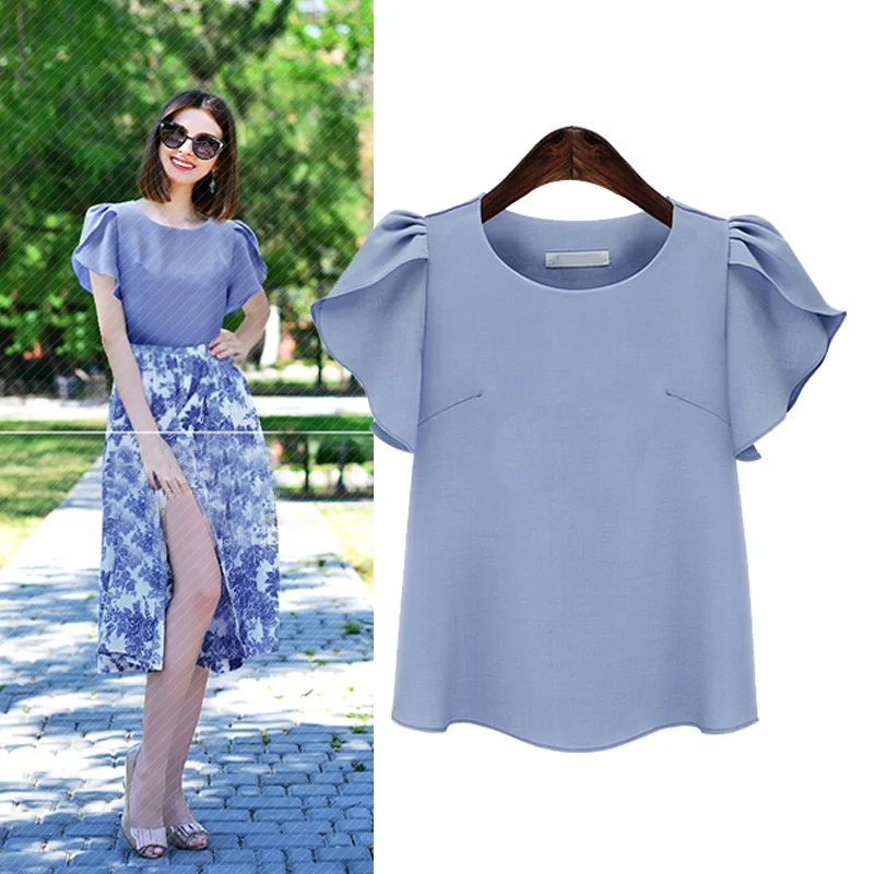 Amoyblue Sky Blue Chiffon Blouse Shirts 2017 Summer Womens Fashion Shirts Lotus Leaf Sleeve Linen Ladies Elegant Slim Blouse 5XL Blouses