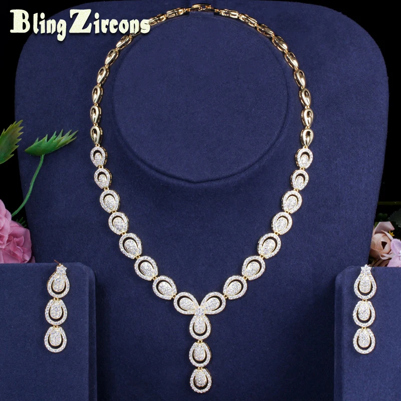 

BeaQueen Nigeria Gold Color 2 pcs Cubic Zirconia Drop Earrings Necklace Jewelry Sets Wedding Bridal Dress Accessories JS179