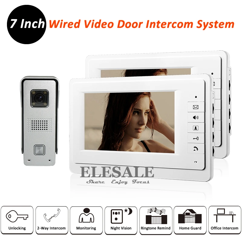 

New Video Door Intercom System Video Door Phone Doorbell 1-Out 2-In Night Vision Weatherproof 700TVL Camera + 7" LCD Monitor