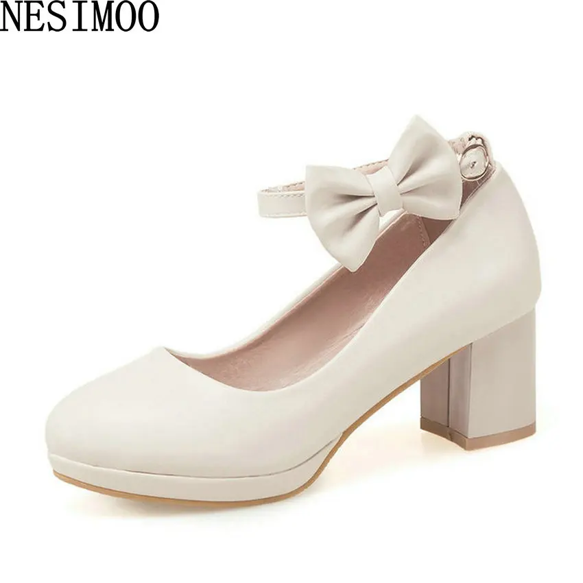 

NESIMOO 2019 Women Shoes Square High Heel Buckle Round Toe Spring Autumn Butterfly-Knot Sweet Style Casual Solid Size 34-43