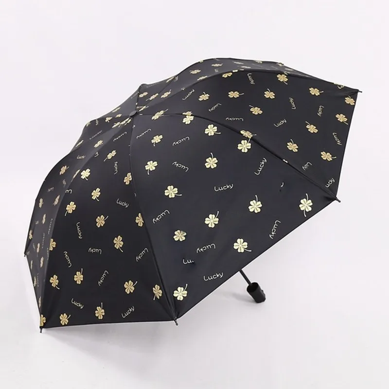 

New Four-leaf Clover Women 3 Folding Umbrella Black And White Rain And Sun Umbrella Windproof Anti-UV Parasol Outdoor Travel