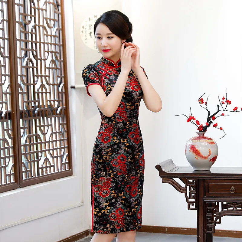 Весеннее Новое традиционное китайское цветочное велюровое женское платье Qipao большого размера 4XL 5XL сексуальное короткое платье Vestidos элегантное свадебное вечернее платье