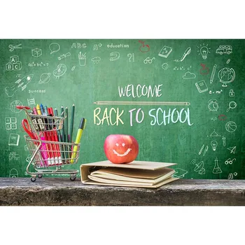 

Green Wall Stone Floor Photography Background Thick Book With School Supplies Backdrop For Students Back To School Day Decor