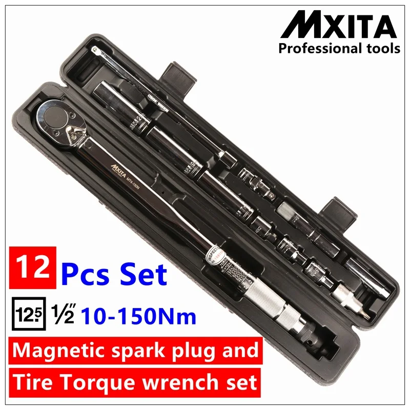 

Mxita 12 Pcs Ratchet Wrench kit Magnetic spark plug and tyre whorl torque wrench Set Car repair tool 1/2 10-150NM hand tool set
