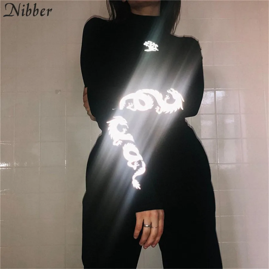 

Nibber 2019fashion Reflective printing cotton Tops women T-shirts hot sale Basic black white stretch Slim ladies casual teeshirt