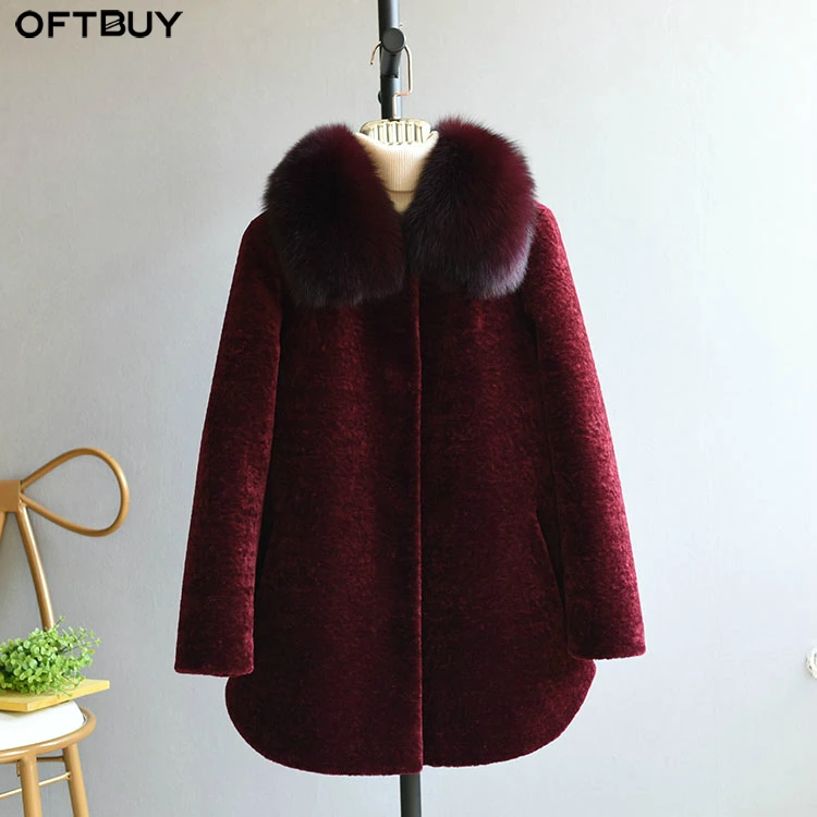 Женская дубленка из натурального меха OFTBUY теплая шерстяная шуба средней длины с