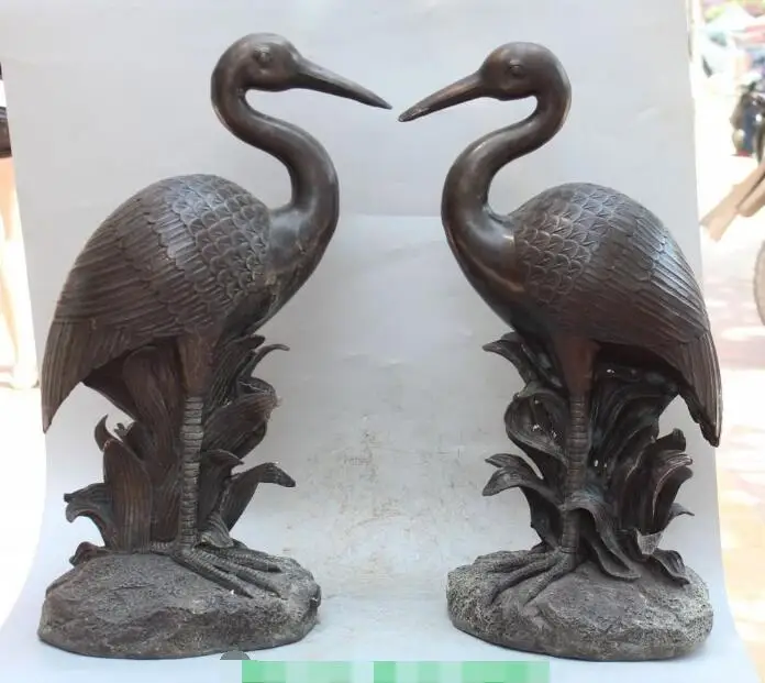 

S3082 22"Chinese Pure Bronze Carved Animal Top Work Crane Stand On Base Pair Sculpture