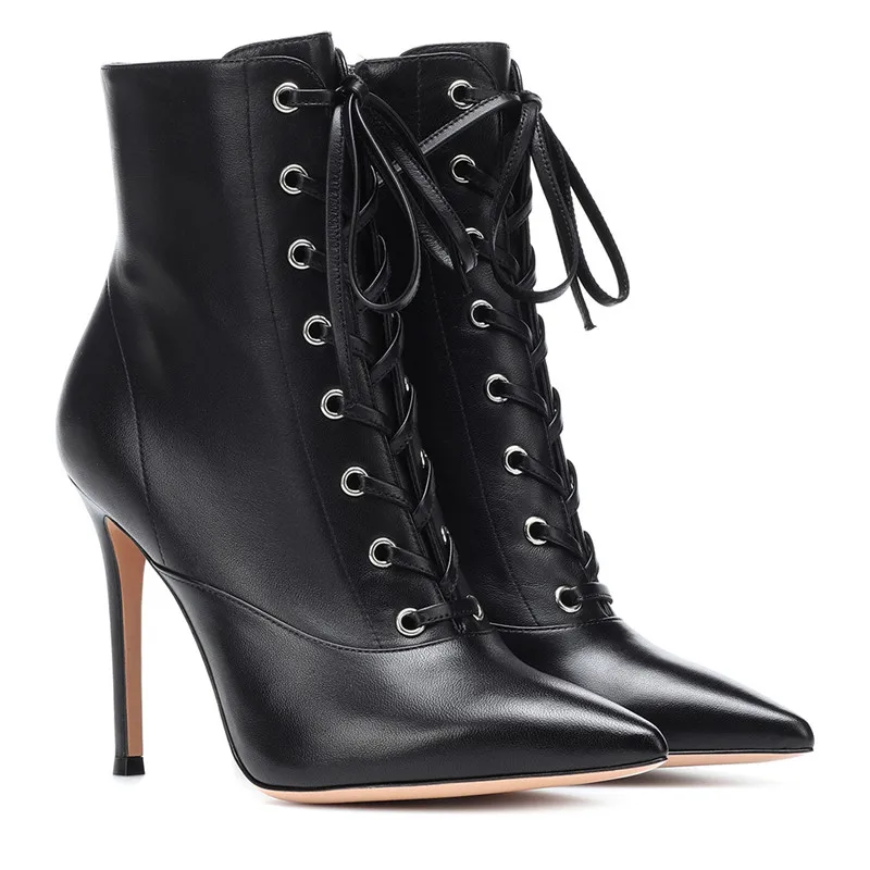 Ботильоны размера плюс 48 женские ботинки на высоком тонком каблуке со шнуровкой Фетиш-обувь с острым носком пикантные вечерние женские туфли черного и белого цвета