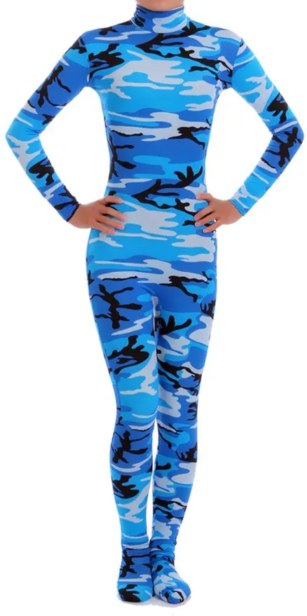 

Plus Camo Blue Long Sleeve Mock Neck Lycra Spandex Zentai Unitard Catsuit for Adults and Children Supersuit Halloween Costume