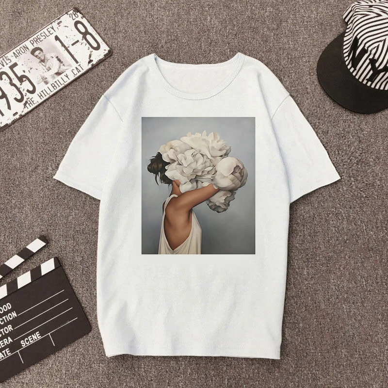 

Fashion Harajuku Aesthetics Women Tshirt Sexy Flowers Feather Print Short Sleeve Tops & Tees Casual Thin Clothes