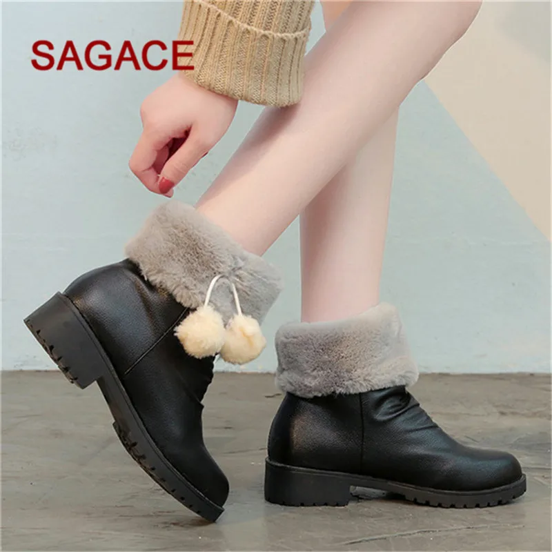 

HB@SAGACE Women Boots Square Heel Keep Warm Hairball Booties Slip-On Snow Boots Round Toe Shoes