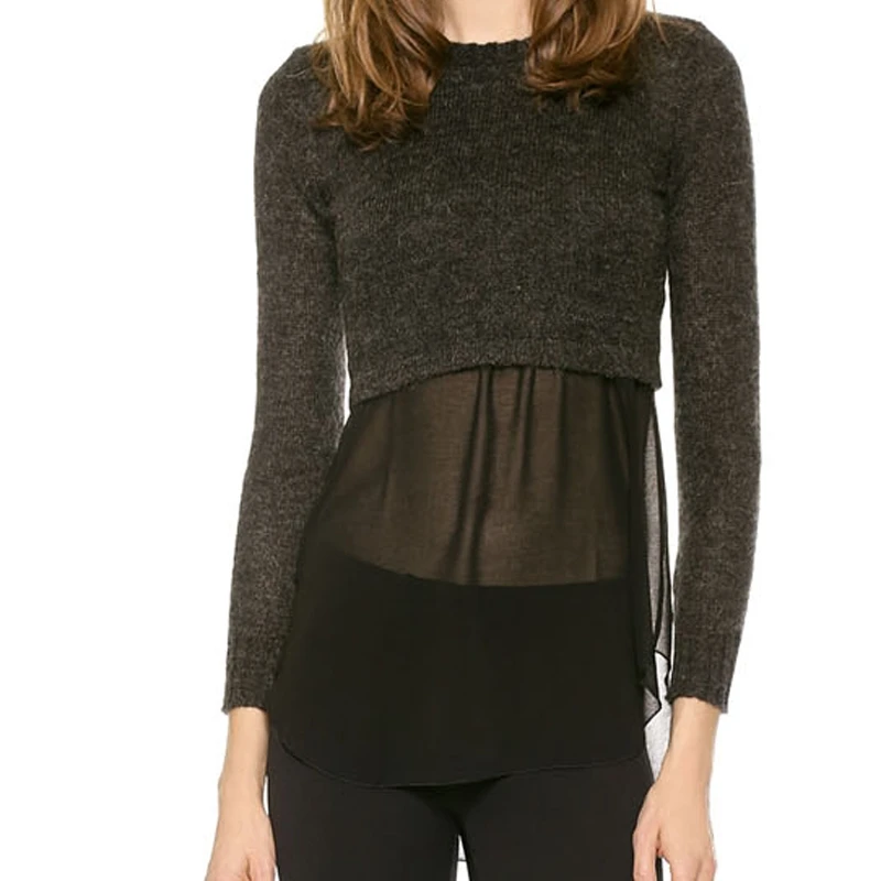 HYH HAOYIHUI 2018Autumn  Fashion sexy Solid Black Chiffon Contrast Women Sweater Female O-Neck Patchwork Casual Pullovers lady 