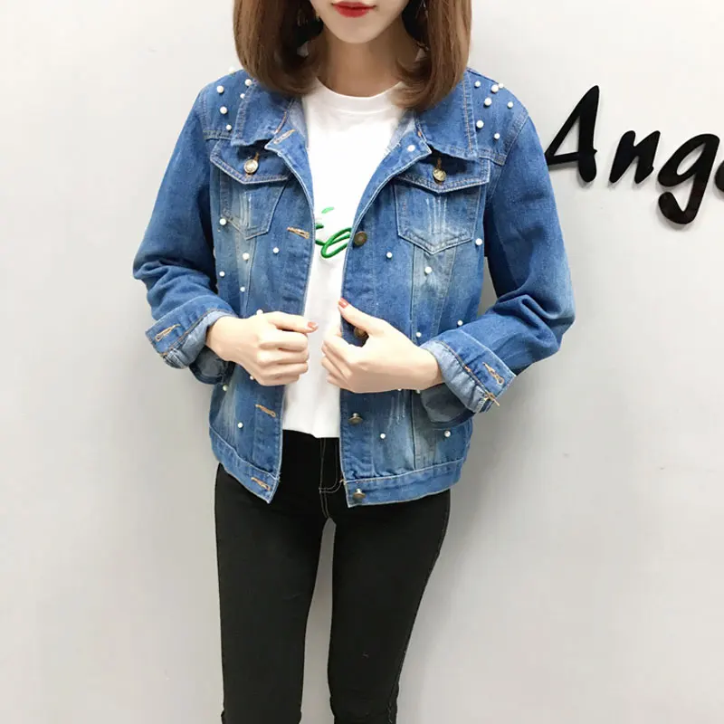 Most effective  Women's Beaded Old Jacket Spring Autumn Large Size Slim Denim Beading Jackets Female Long Sleeve Tu