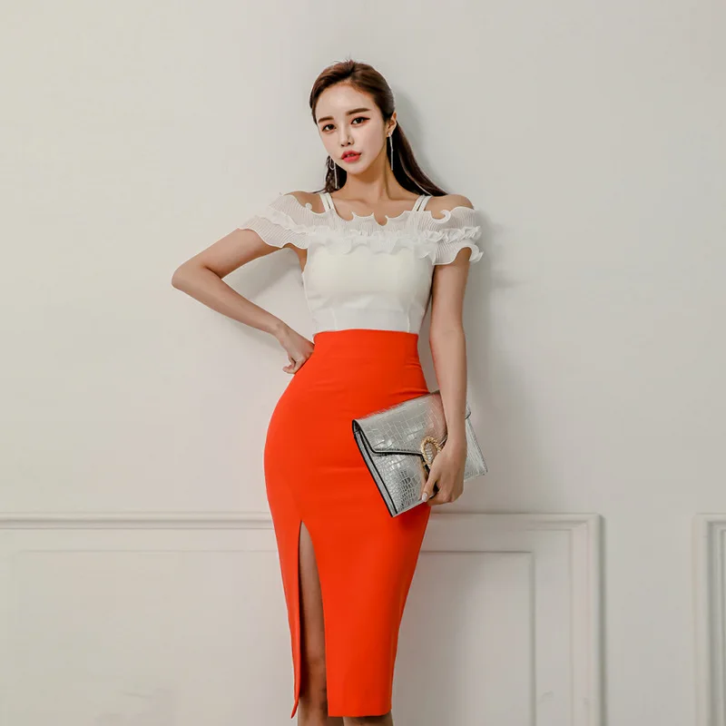 

Korean Style Two Piece Set Summer 2019 Slash Neck Ruffles Blouse and Split Empire Bodycon Skirt Women Red Evening Party Suit Set