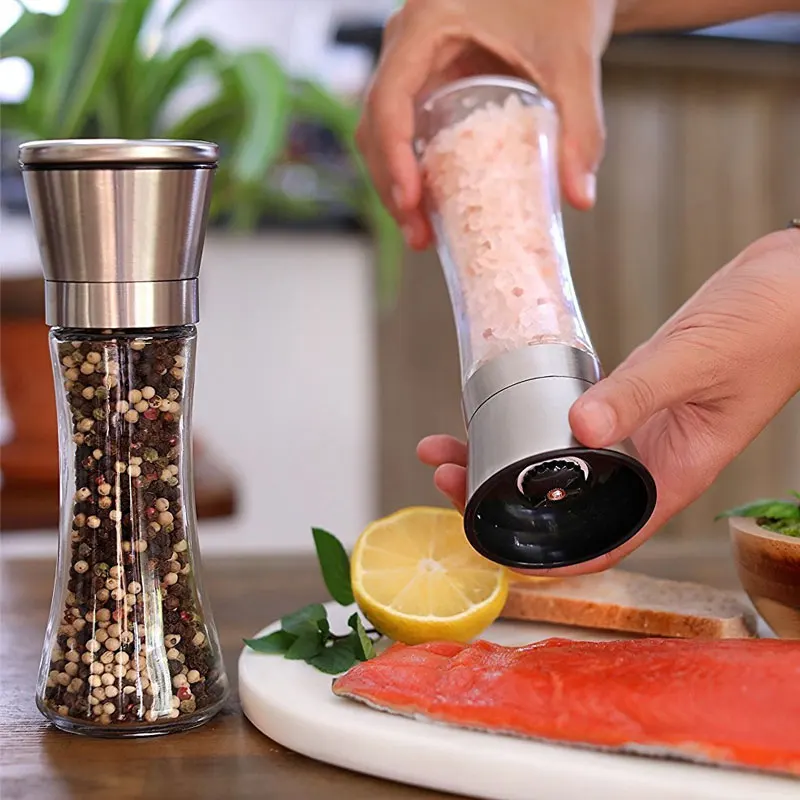 2Pcs/Set Salt and Pepper Grinder Set Stainless Steel Pepper Mill and with Glass Body and with 2Pcs/Set Salt and Pepper Grinder Set Stainless Steel Pepper Mill and with Glass Body and with