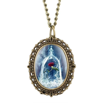 

Beauty and the Beast Red Rose in a Glass Dome Quartz Pocket Watch with 80cm Necklace Pendant Romantic Souvenir Gift Collectibles