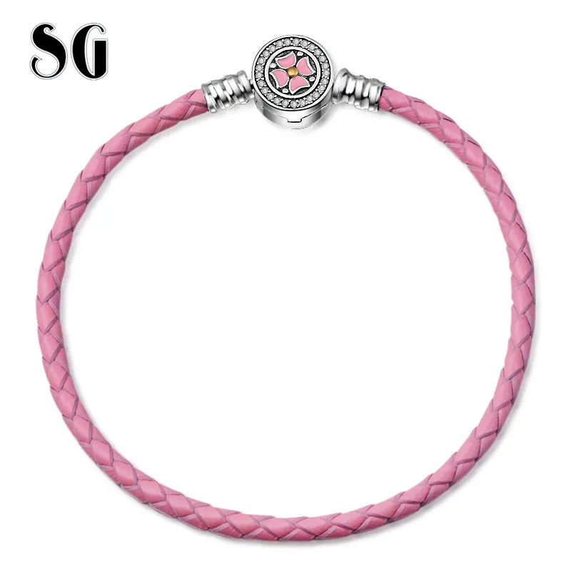 

SG New Trendy 925 Sterling Silver Pink Flower Exquisit Braided Leather Bracelets Snake Chain with CZ for Women free shipping