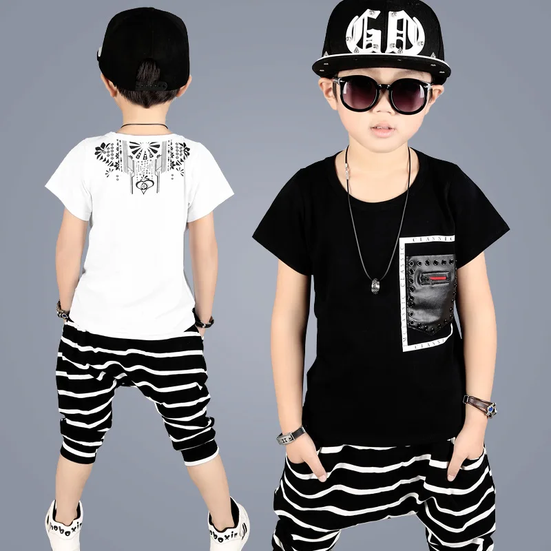 

Street Wear Boy Hip-hop Suit Summer Kids Children Sets New Leisure Sports White and Black Two Piece Set 2-12 Ages